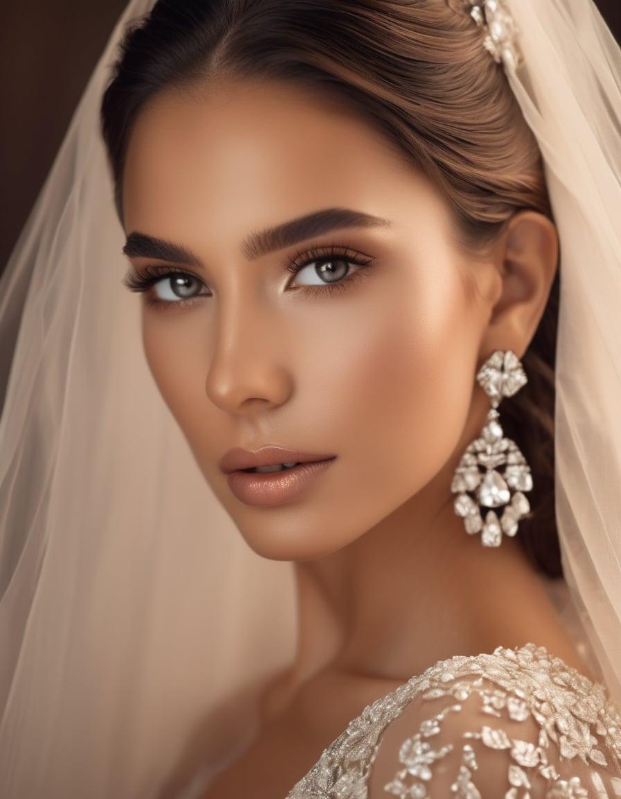 Close-up of a bride with glowing skin, soft bronze eye makeup, diamond earrings, and a lace veil
