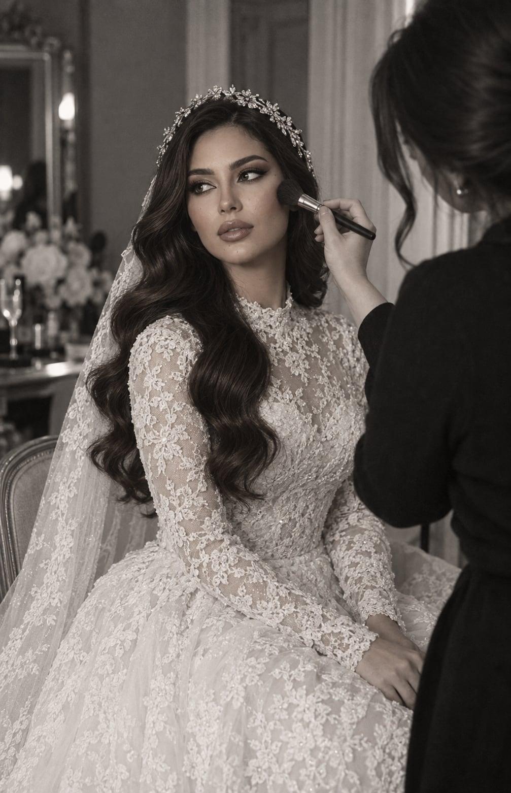 A makeup artist brushing blush onto a bride in a lace gown and crystal headpiece before the ceremony