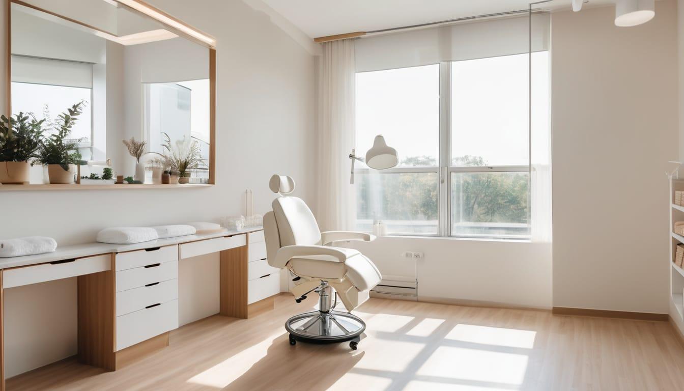 A bright, minimal beauty treatment room with a white chair and natural light