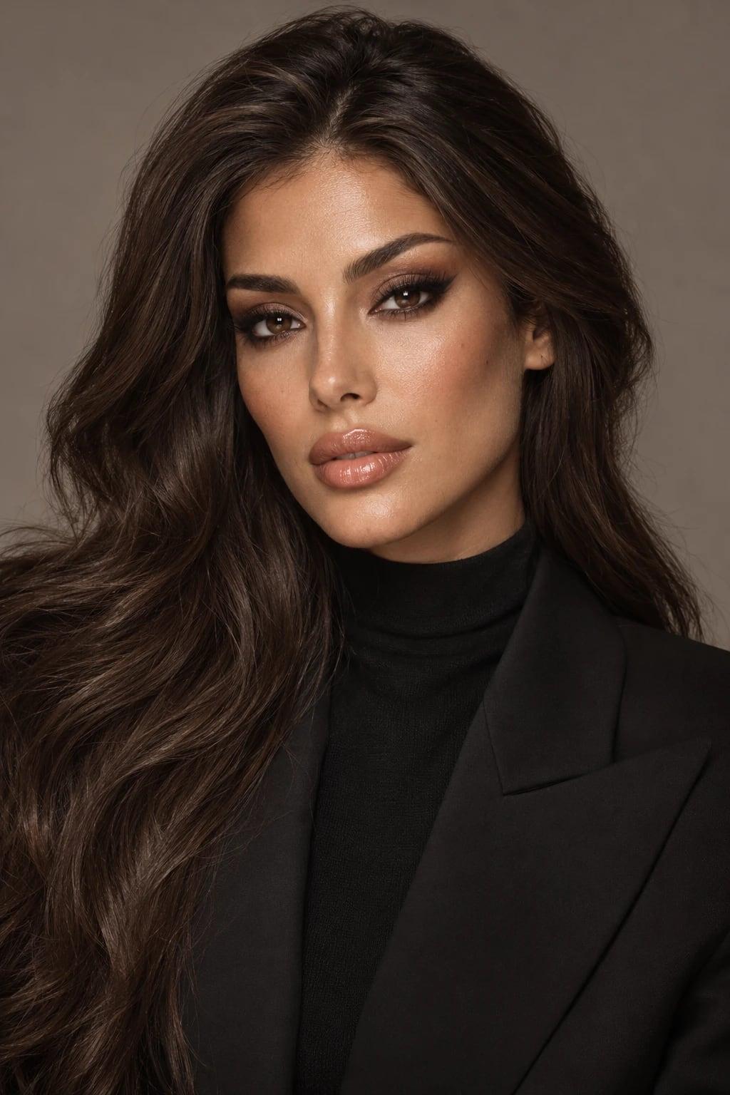 Glam makeup with a bronze smoky eye, sculpted cheeks, and glossy peach-nude lips, worn with a black blazer