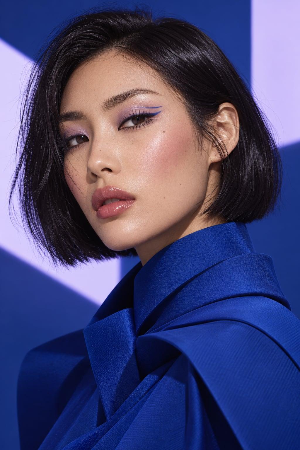 Editorial makeup with lilac eyeshadow, a graphic cobalt liner flick, and glossy lips against a cobalt backdrop