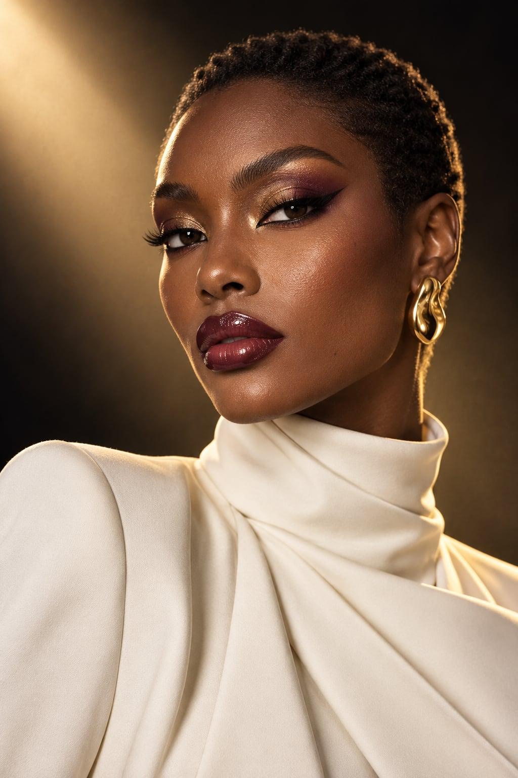 Editorial glam makeup portrait with a gold and plum winged eye, glossy berry lips, and a white satin collar