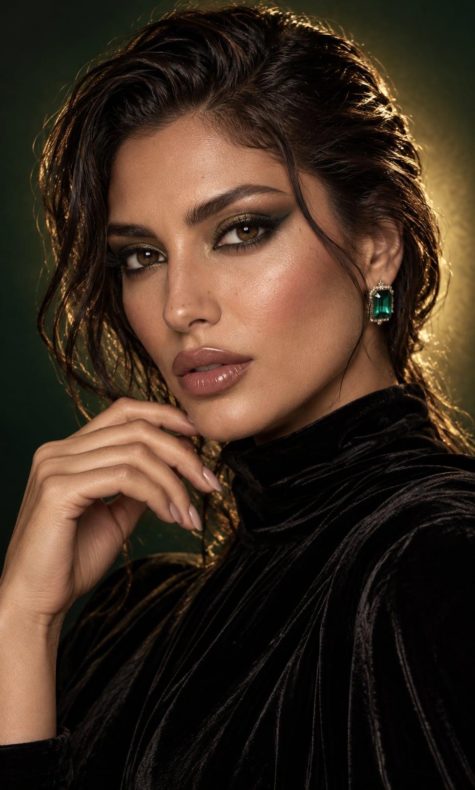 Evening glam with an olive and gold smoky eye, sculpted cheeks, glossy nude lips, and emerald earrings