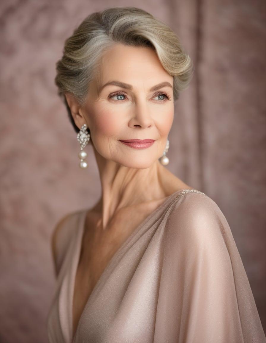 Elegant event makeup on mature skin with soft rose lips, defined brows, and pearl earrings