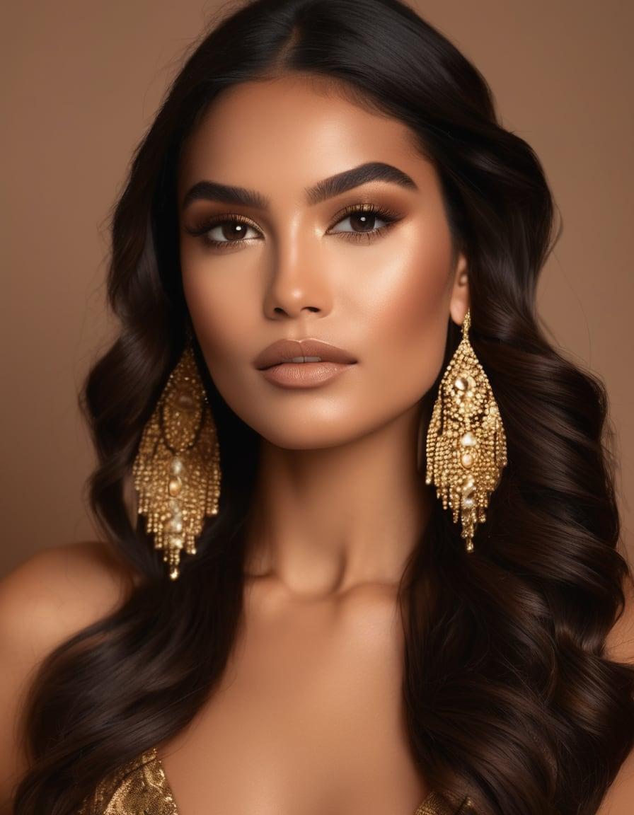 Full glam evening makeup with sculpted cheekbones, defined brows, and gold statement earrings