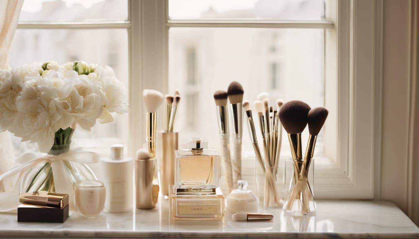 Makeup brushes, perfume bottles, and white flowers on a marble vanity by a sunlit window