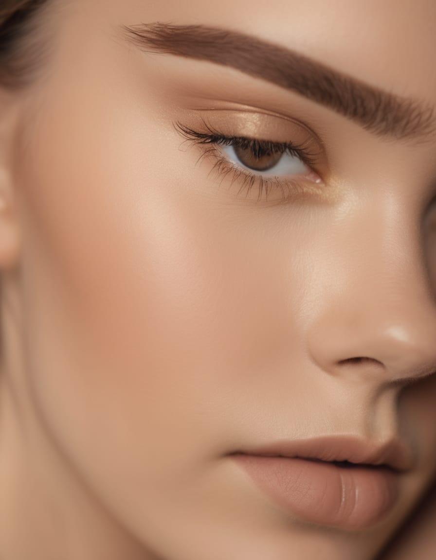 Close-up of a full, natural brown eyebrow and softly made-up eye