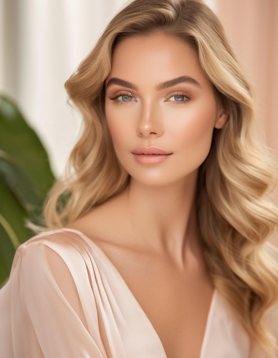 Natural glam makeup with dewy skin, brushed brows, and a sheer pink lip on a woman with blonde waves
