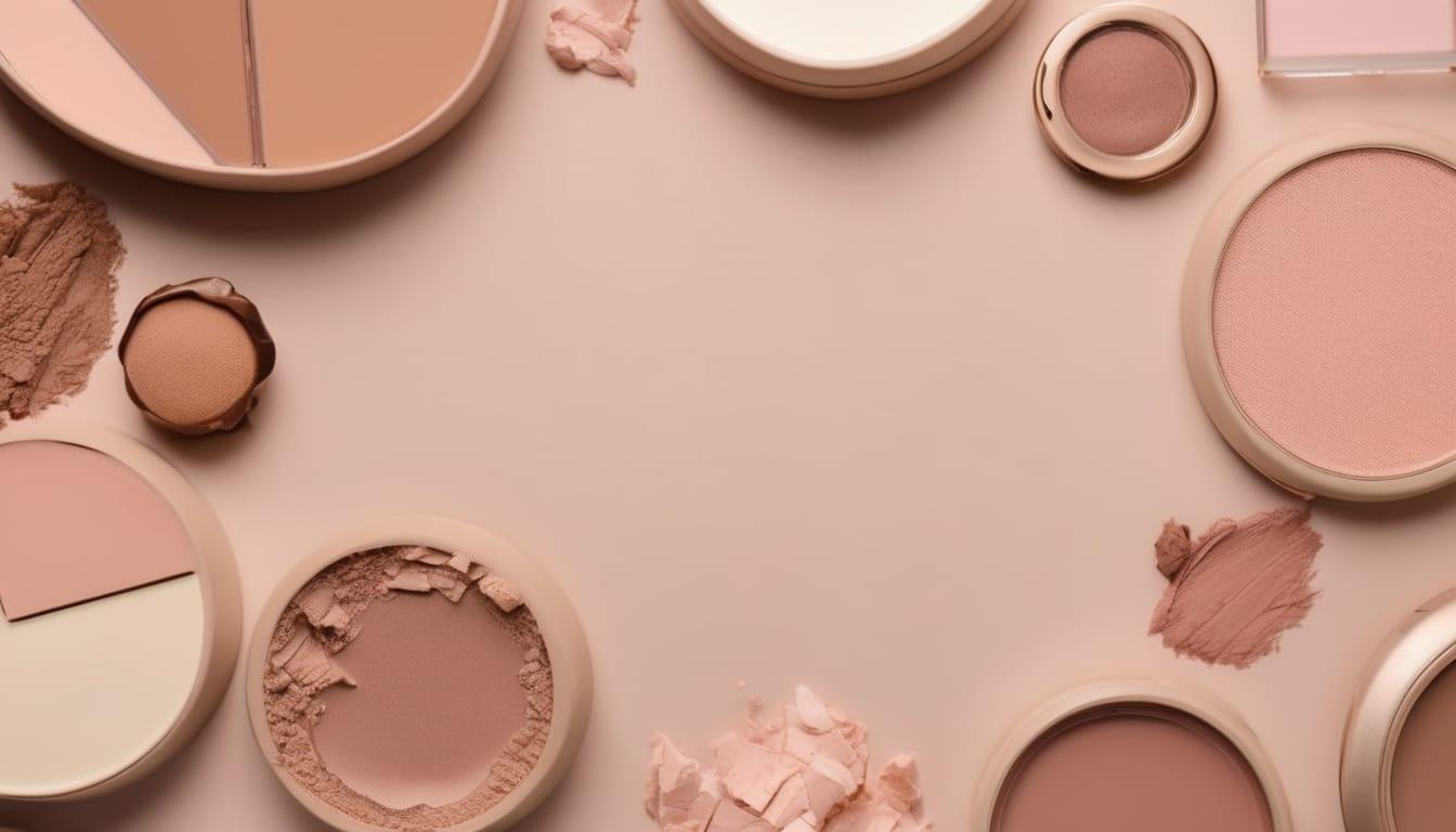 Rose, taupe, and blush cream color swatches arranged on a warm pink surface