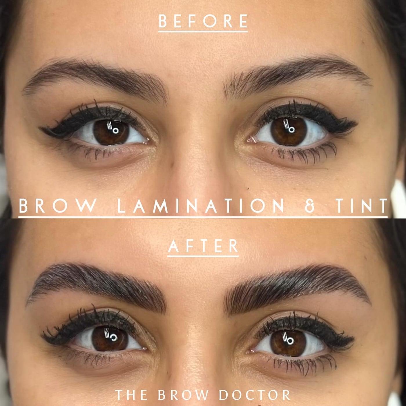 Before and after brow lamination and tint: flat brows above, brushed-up, defined brows below