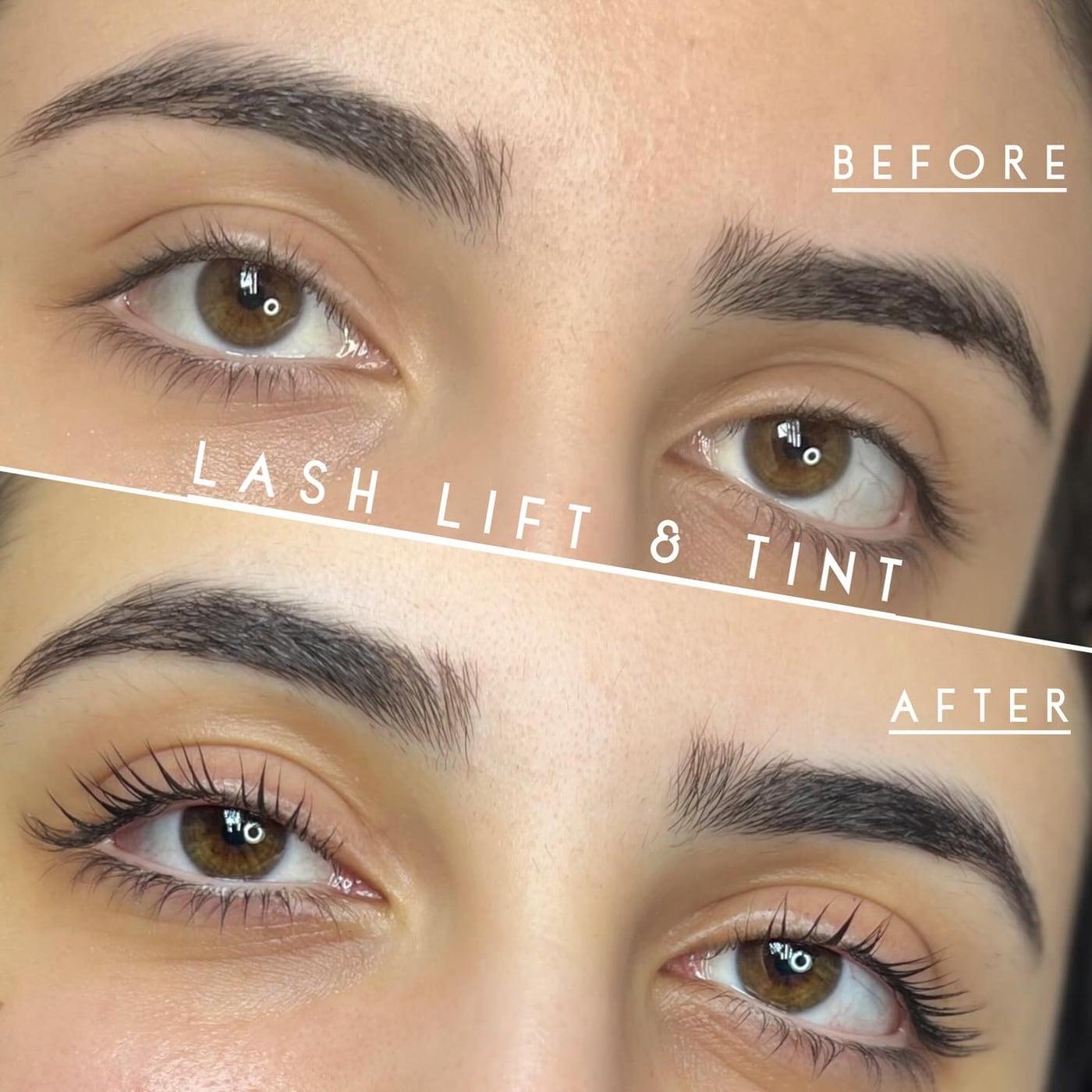 Before and after a lash lift and tint: straight lashes above, lifted, darker lashes below