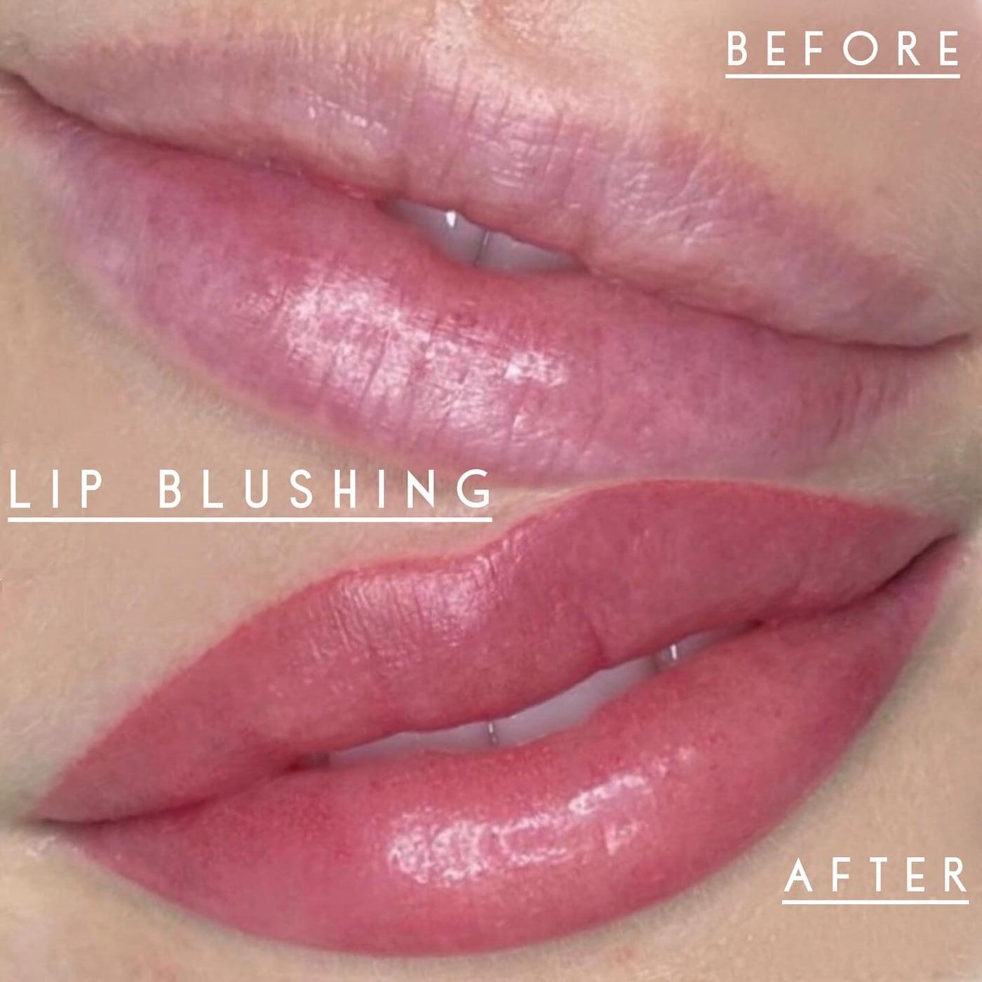 Lips before and after lip blush in a bright pink