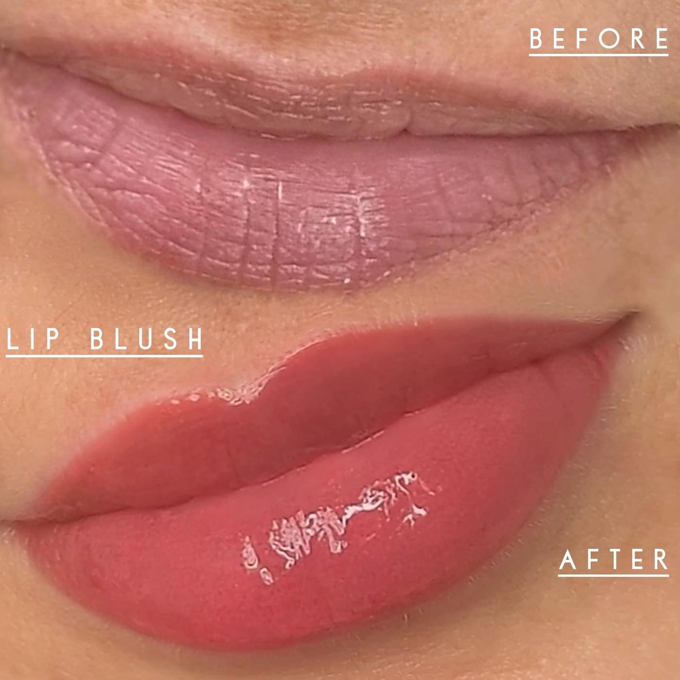 Lips before and after lip blush, from muted tone to a defined rose