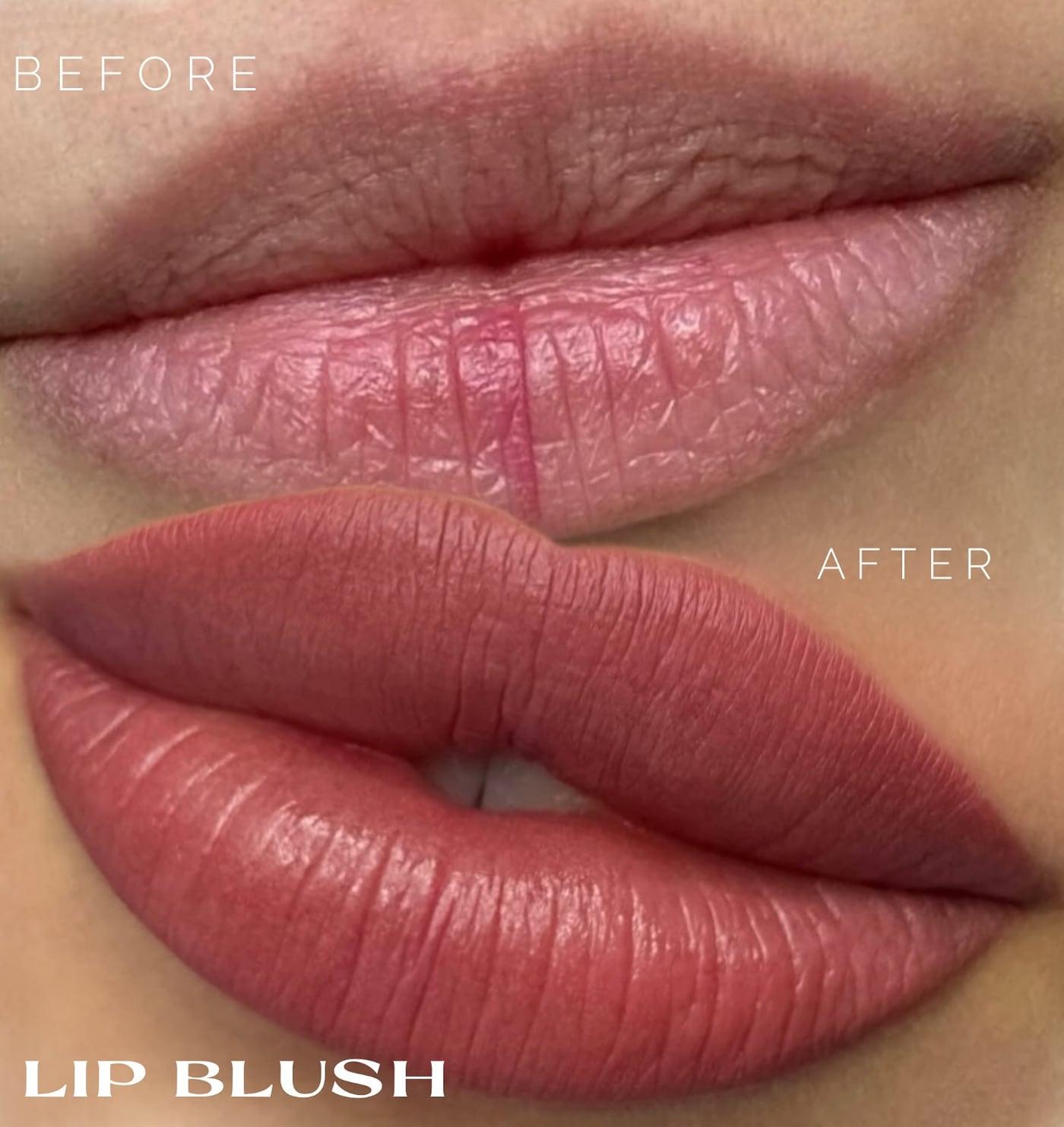 Lips before and after lip blush, from uneven pale tone to a warm rose-terracotta