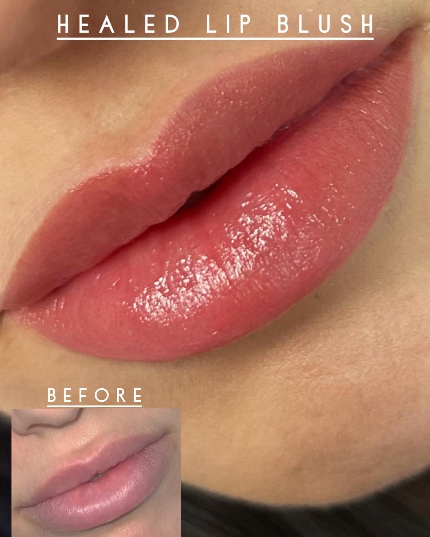 Healed coral-rose lip blush with a smaller before photo inset
