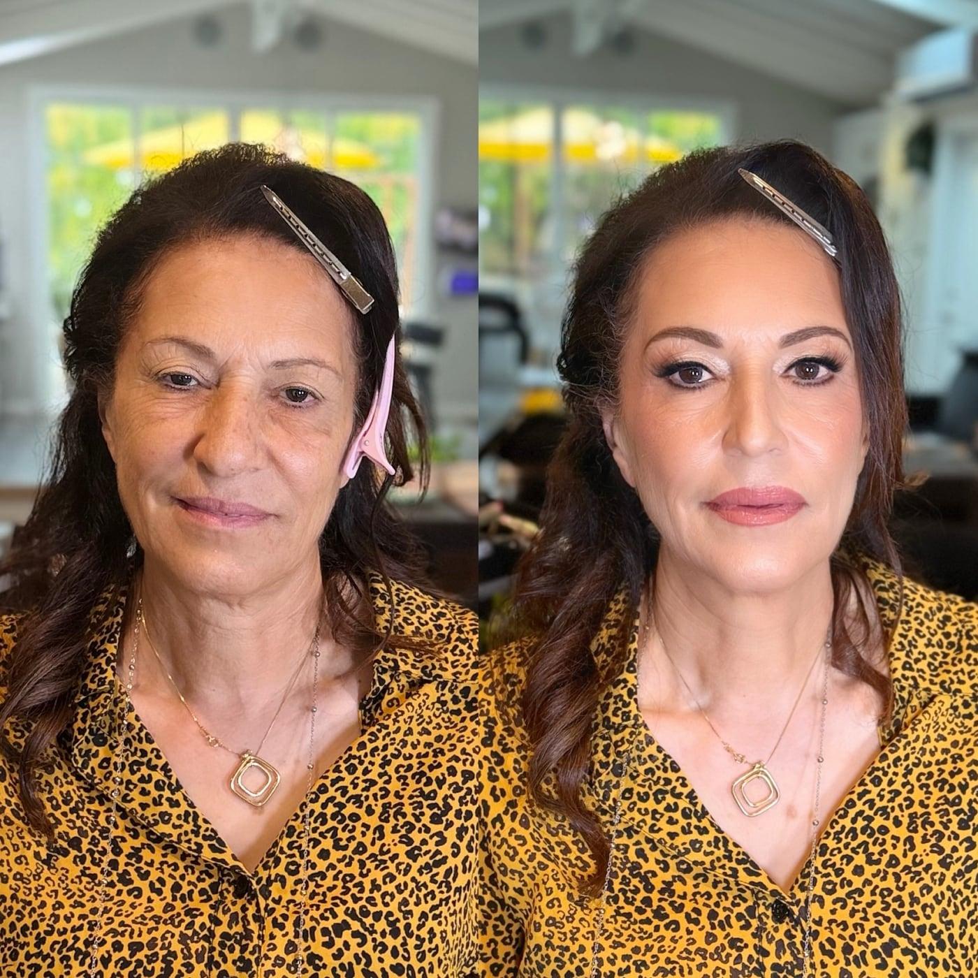 Before and after makeup on a mature client: bare skin at left, soft glam with defined eyes at right