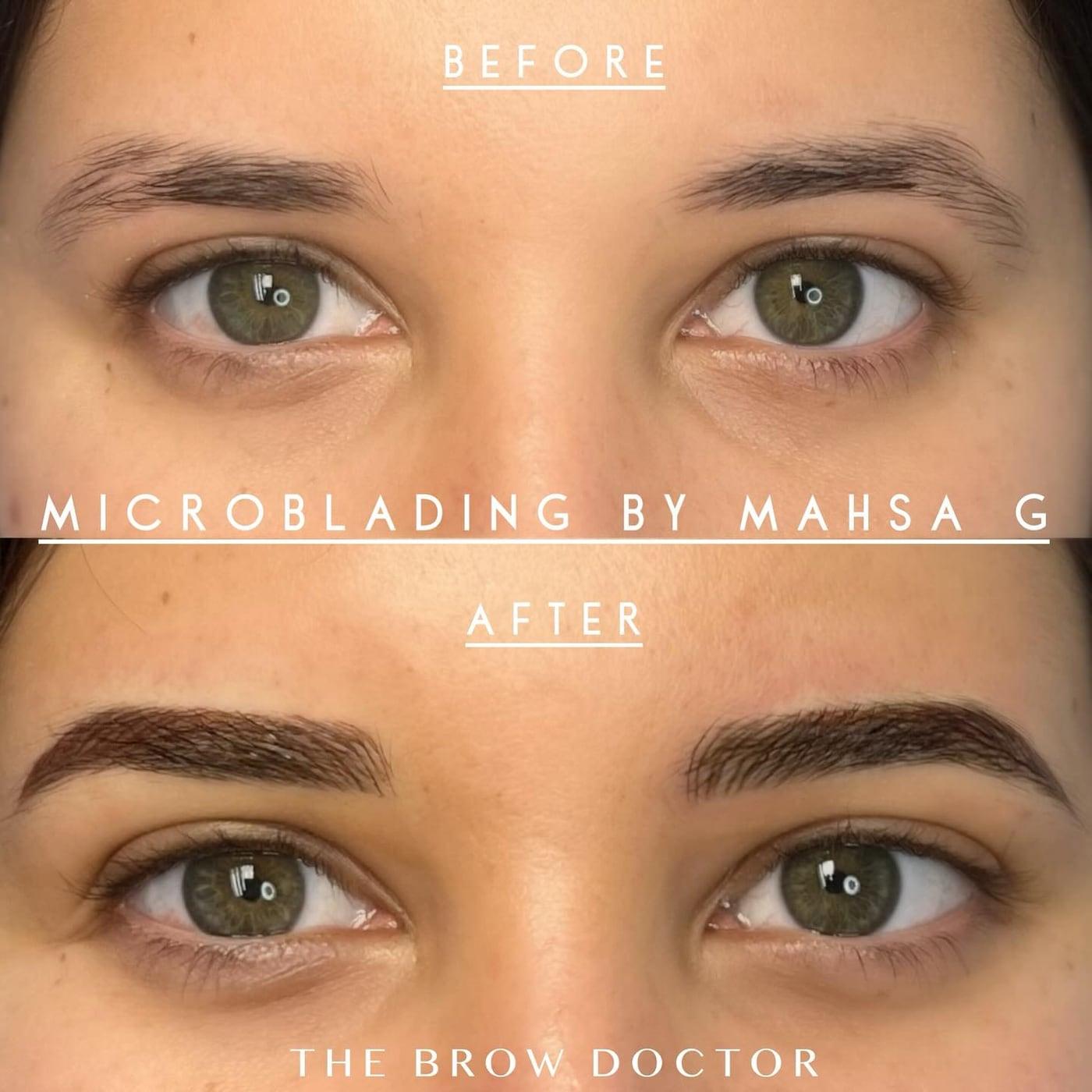 Before and after microblading: light, thin brows above and dark, hair-stroke brows below