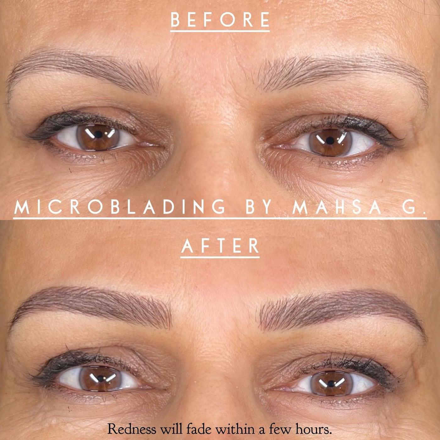 Before and after microblading on mature skin, photographed the same day