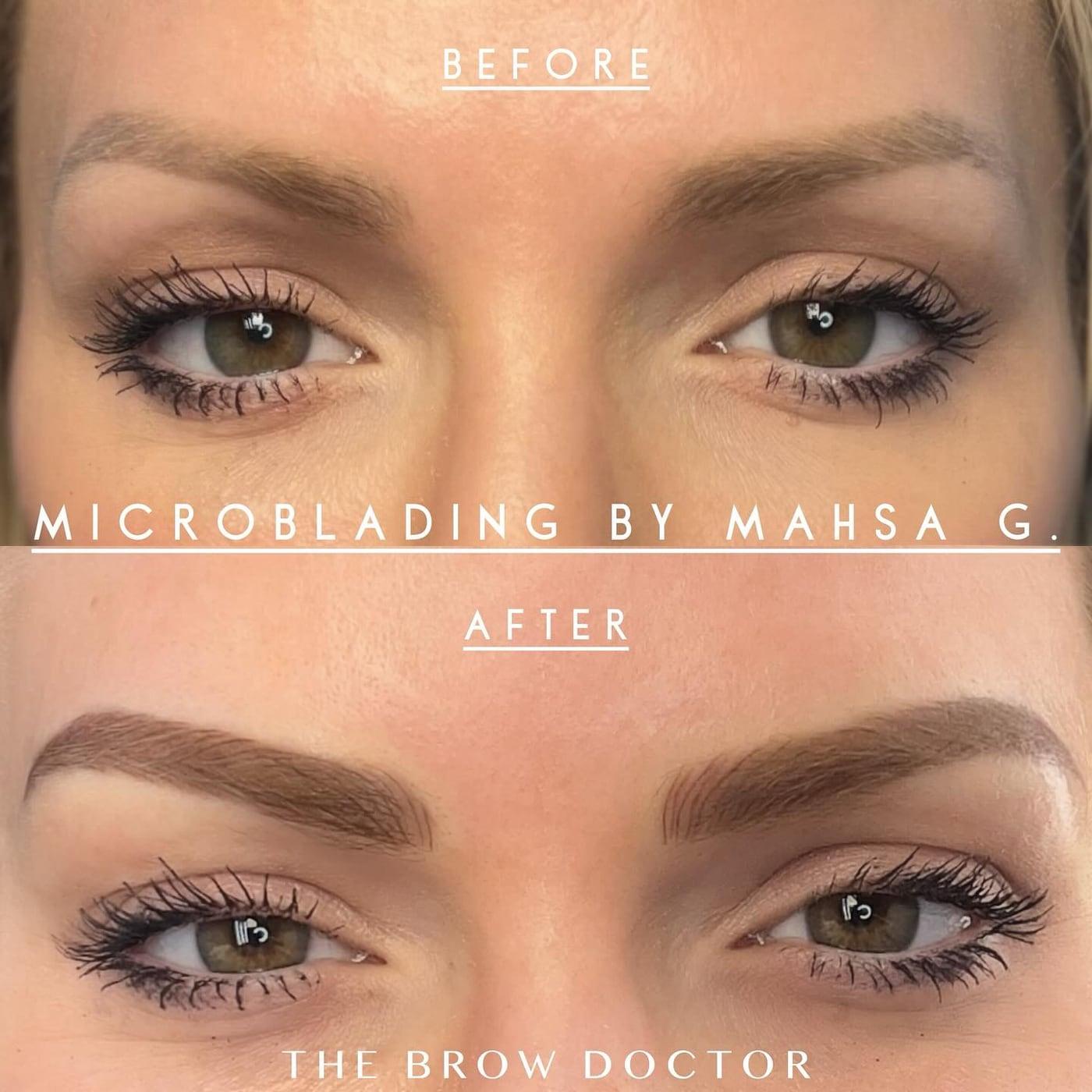Before and after microblading: faint brows above and soft brown brows below