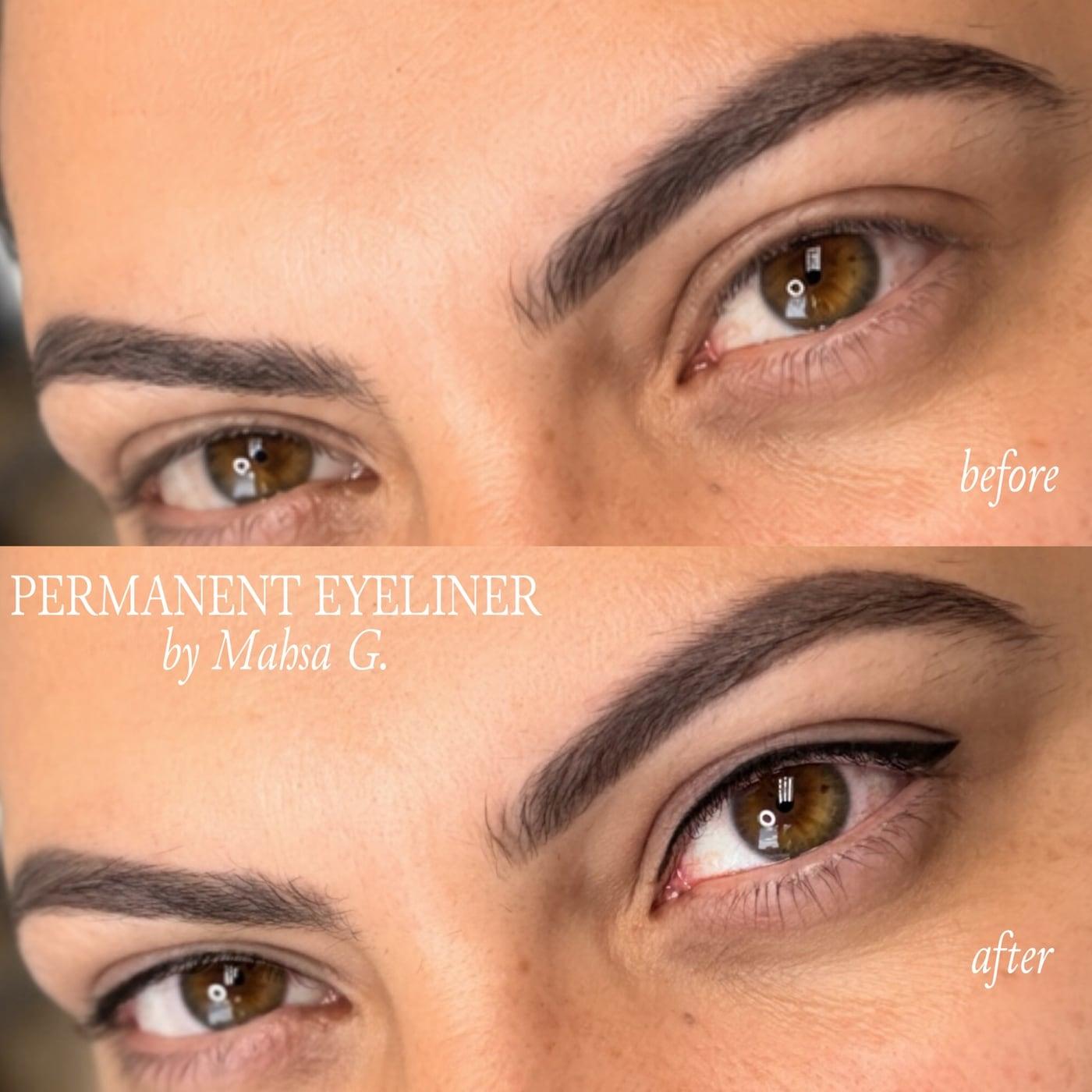 Before and after permanent eyeliner: bare lash line above and a thin defined liner below