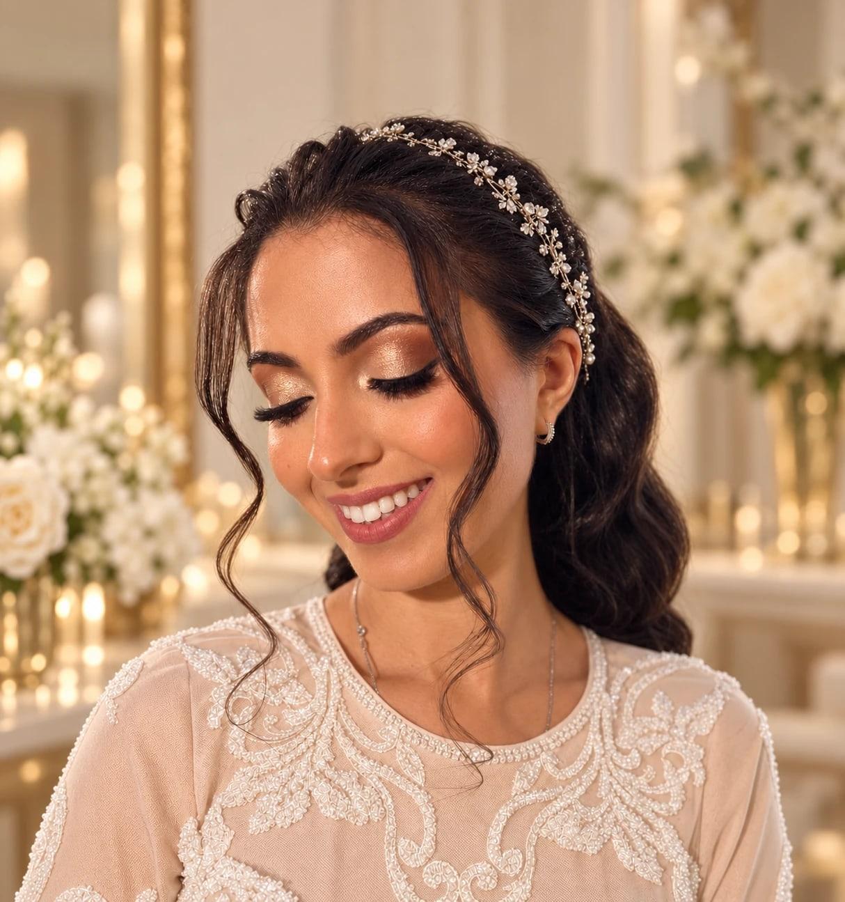 Smiling woman with bronze shimmer eyeshadow, full lashes, a rosy lip, and a crystal headband
