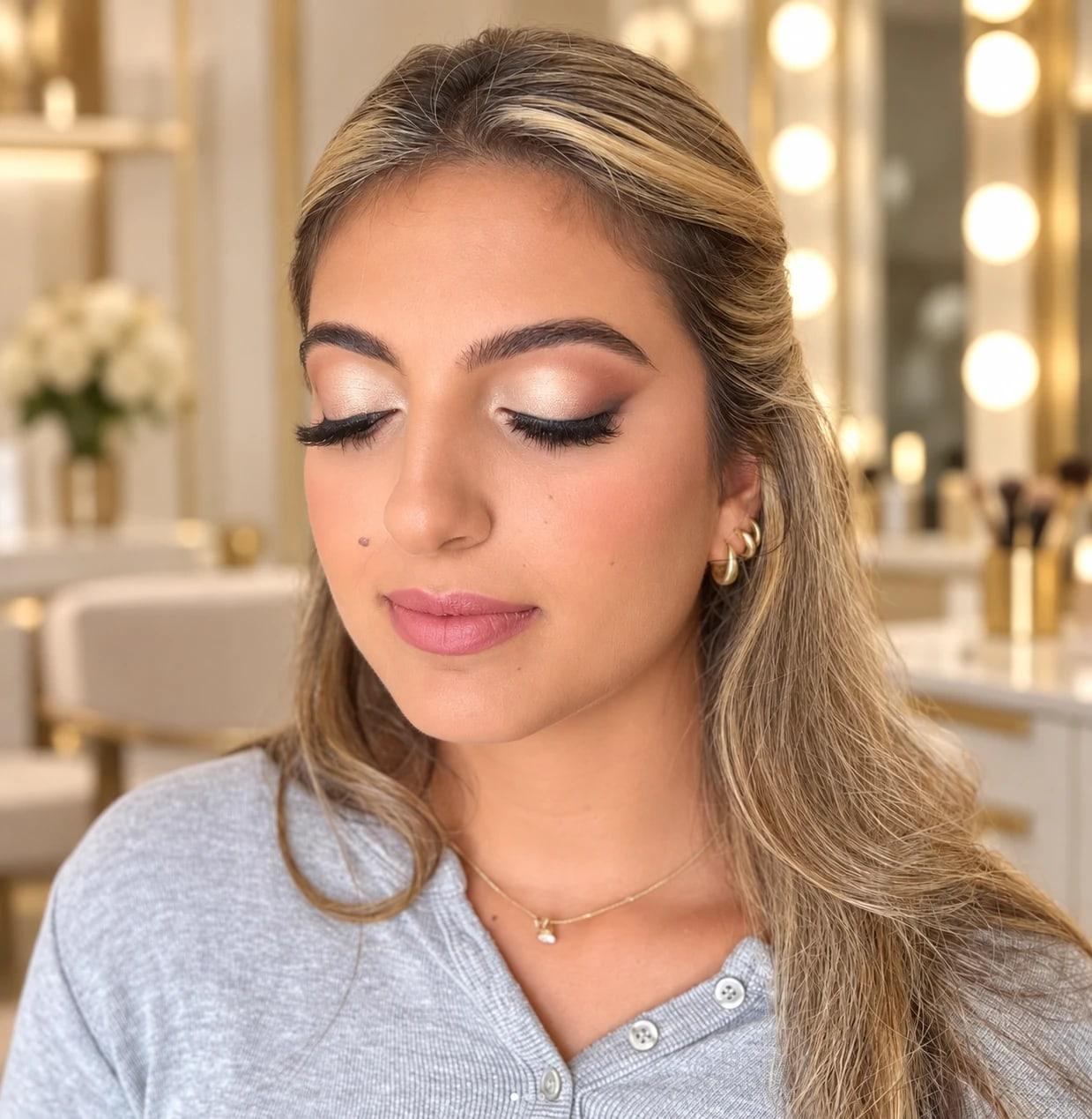 Eyes-closed view of champagne shimmer lids, a soft brown crease, full lashes, and a mauve-pink lip