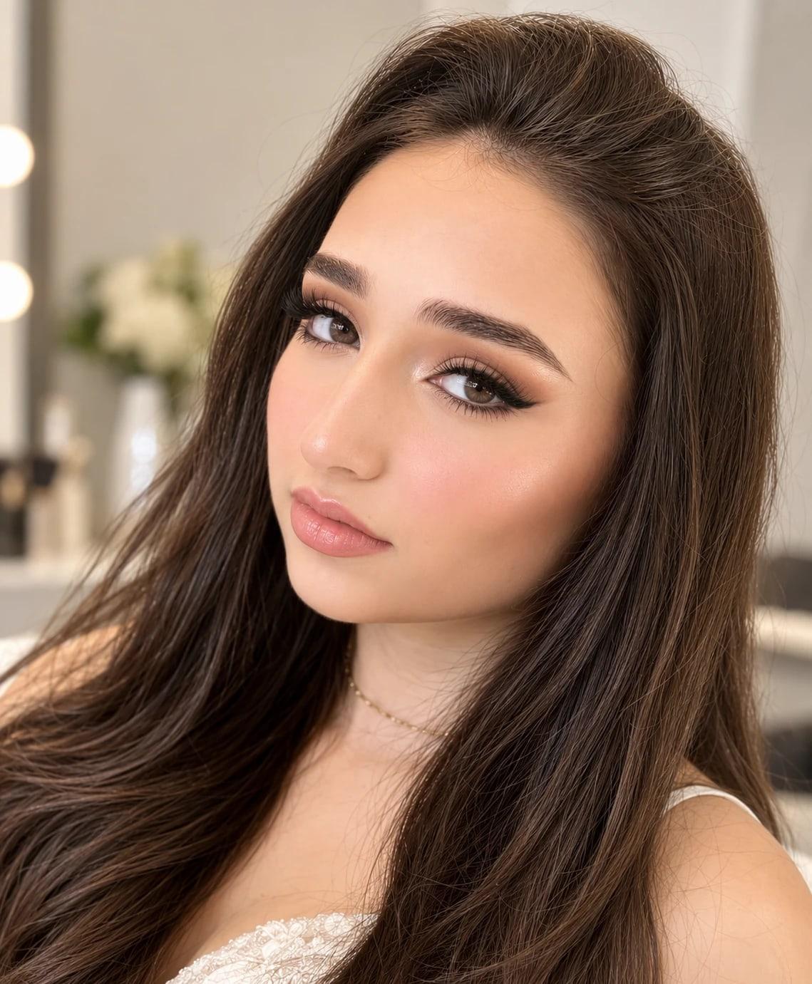 Woman with long brown hair wearing soft winged liner, lashes, groomed brows, and a glossy pink-nude lip