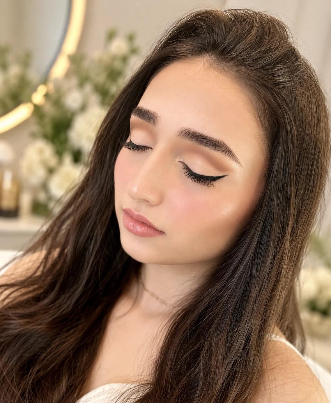 Eyes-closed view of a soft cut crease, a sharp winged liner, blushed cheeks, and a pink-nude lip