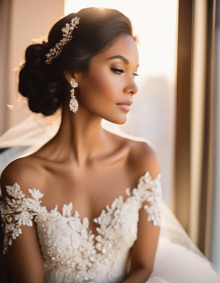Bride with a sleek updo and crystal hairpiece in golden window light
