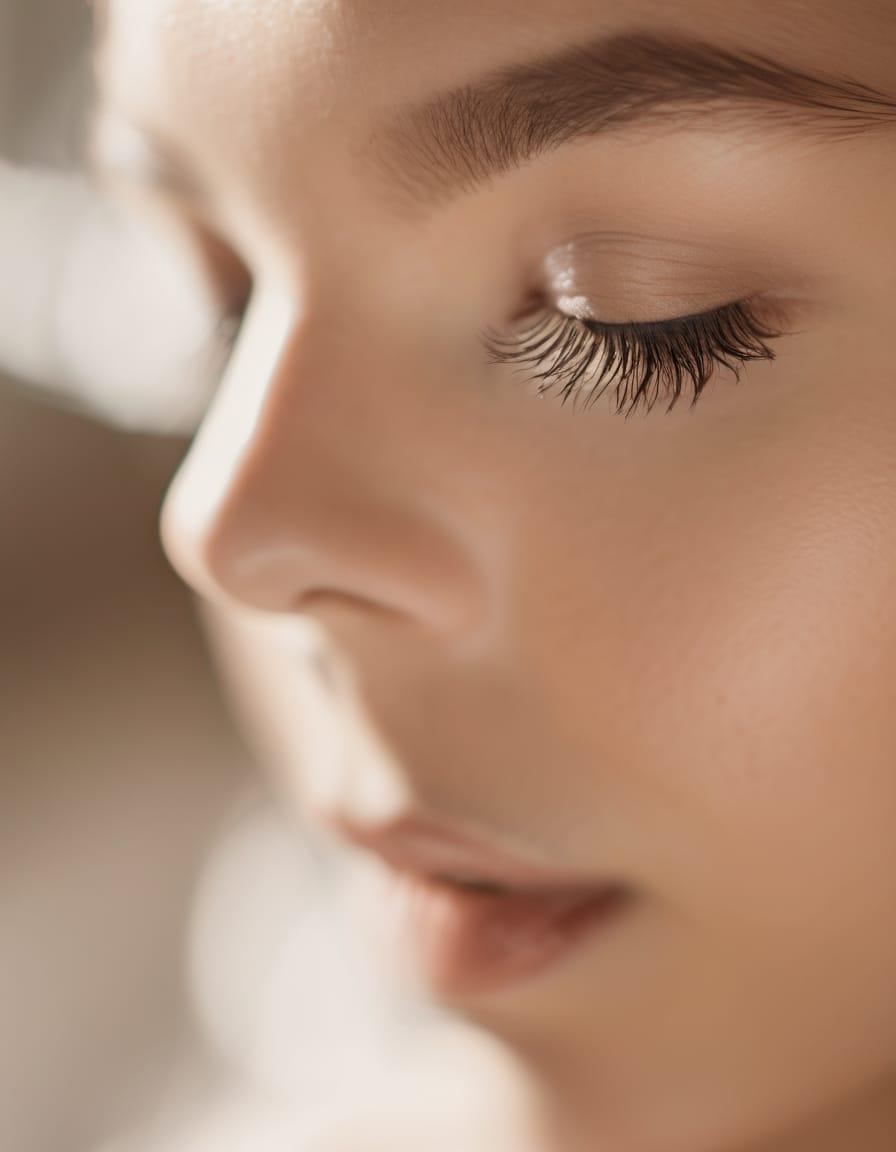 Close-up of a closed eye with lifted, curled natural lashes