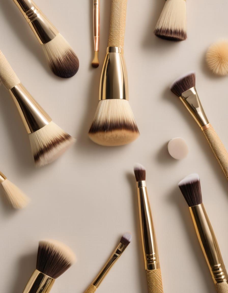 Professional makeup brushes with gold ferrules scattered on an ivory surface