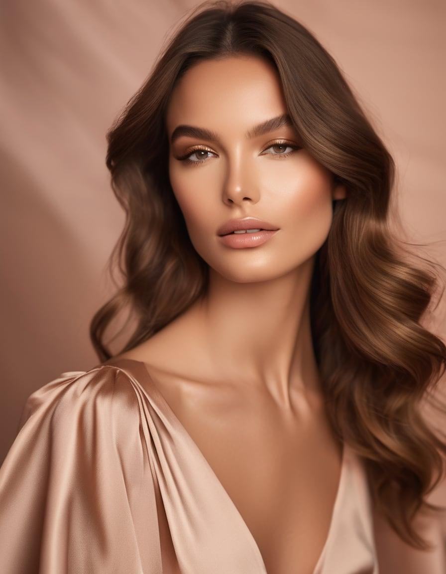 Soft glam makeup with warm neutral eyes, softly sculpted cheeks, and a rosy nude lip on a woman with brunette waves