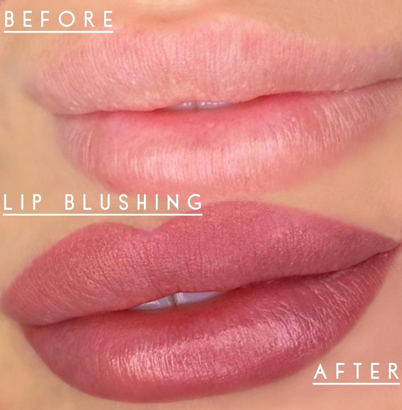 Lips before and after lip blush, from pale to a soft mauve rose