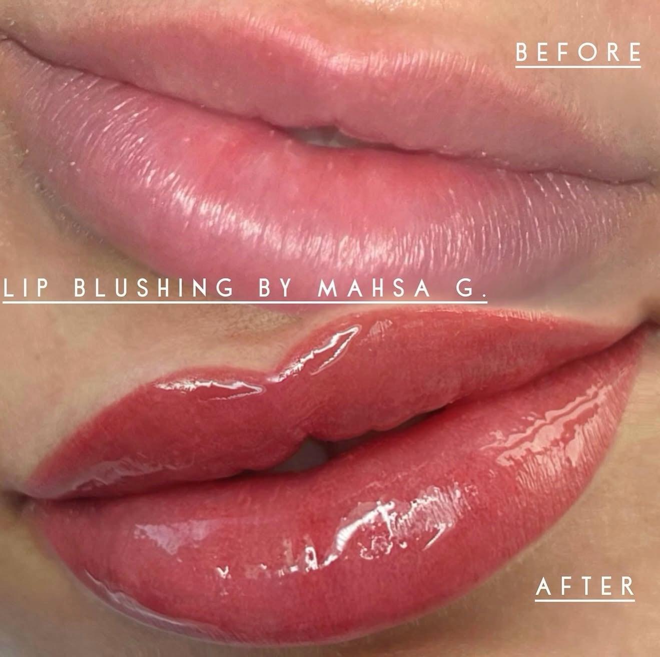 Lips before and after lip blush in a glossy red