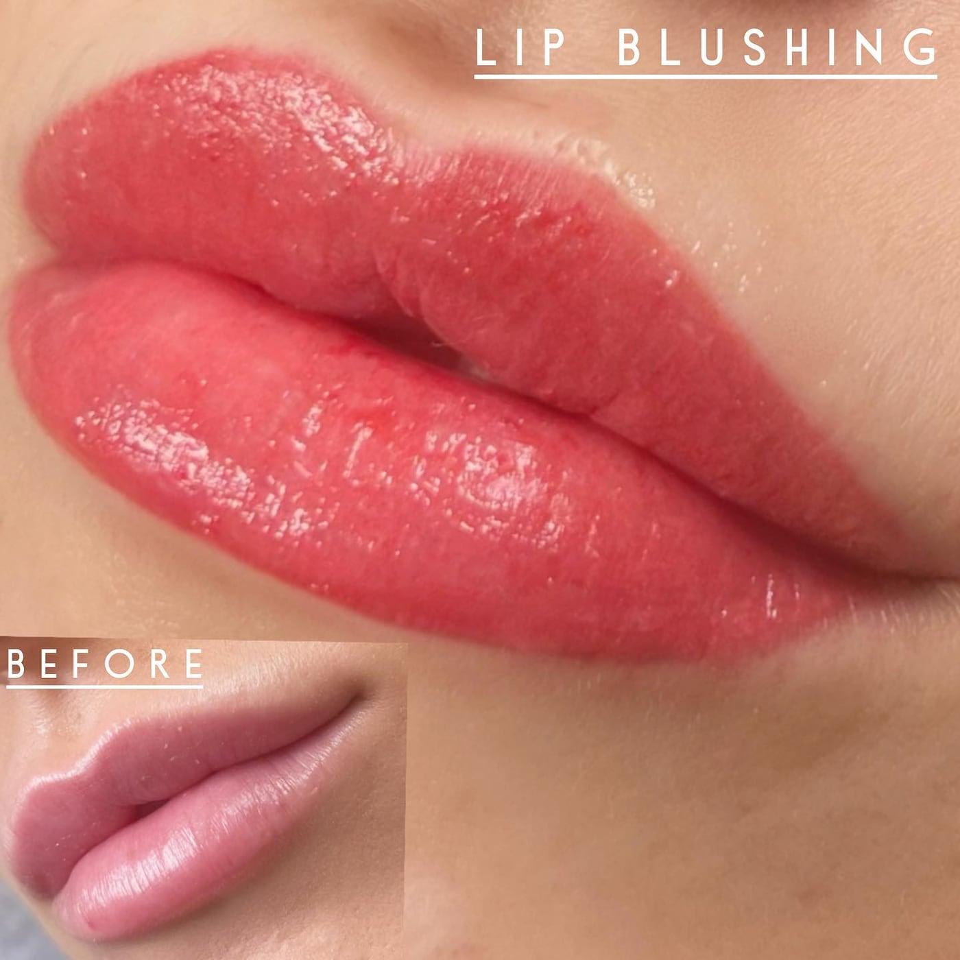 Coral lip blush with a smaller before photo inset
