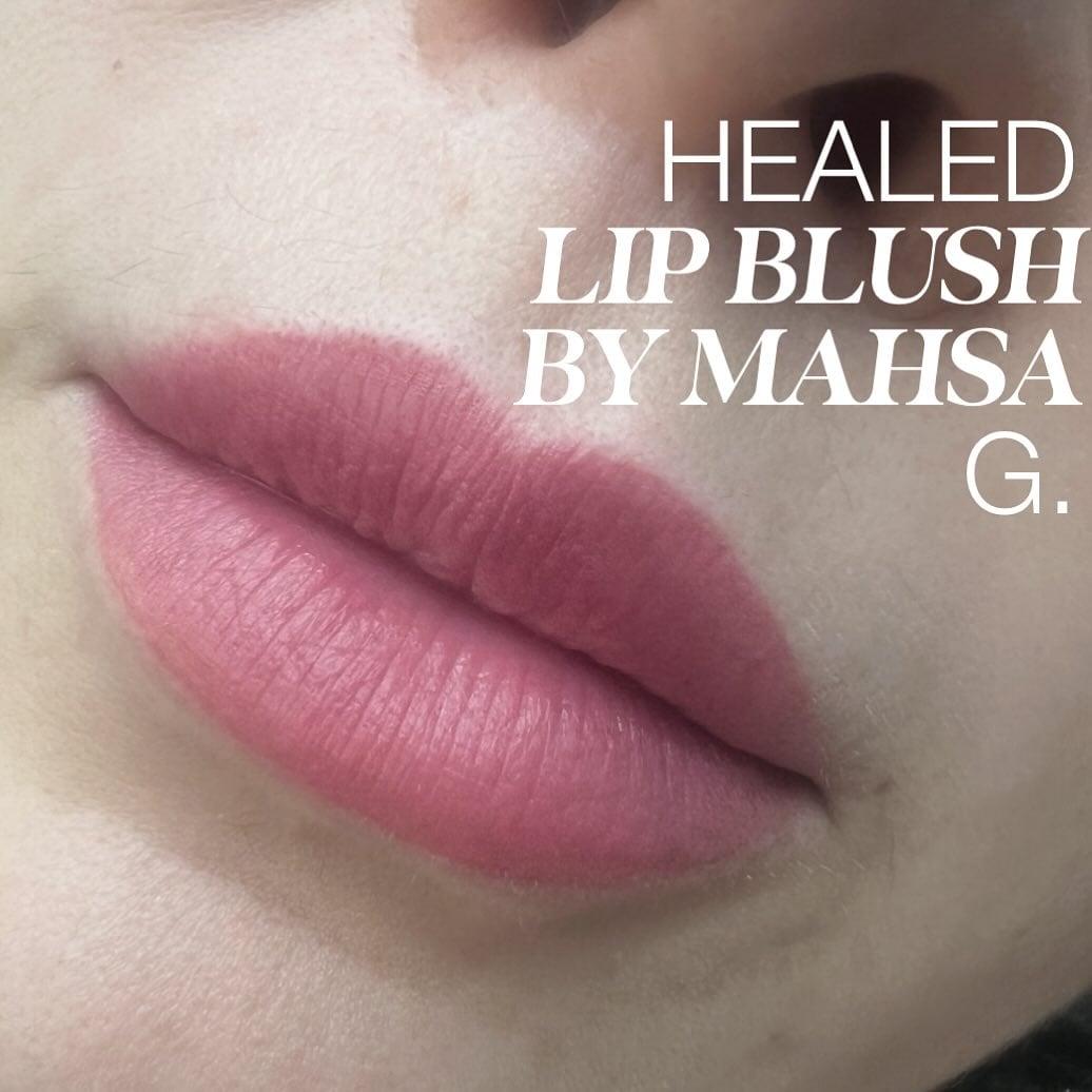 Close-up of healed lip blush in a soft pink