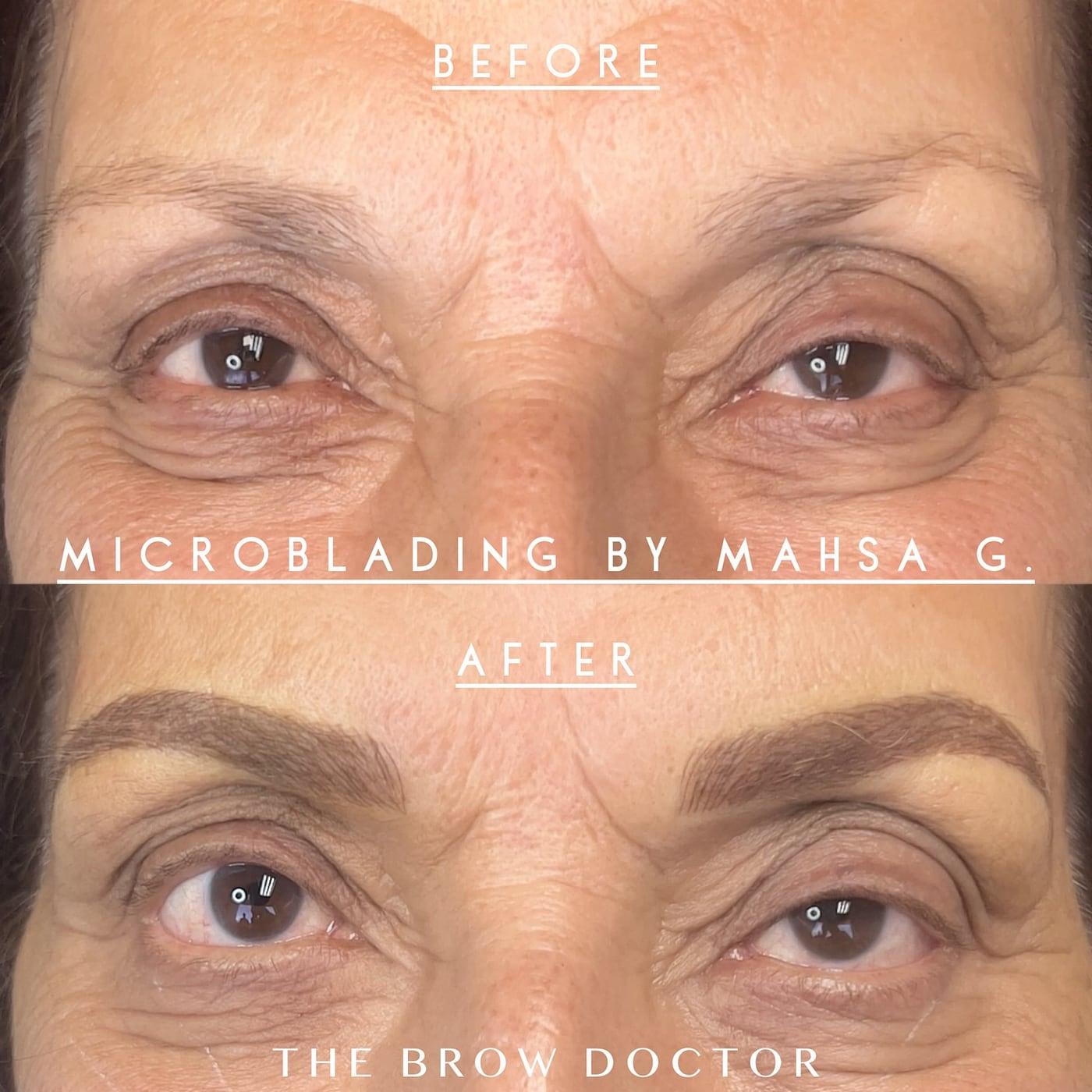 Before and after microblading on a mature client with very fine natural brows