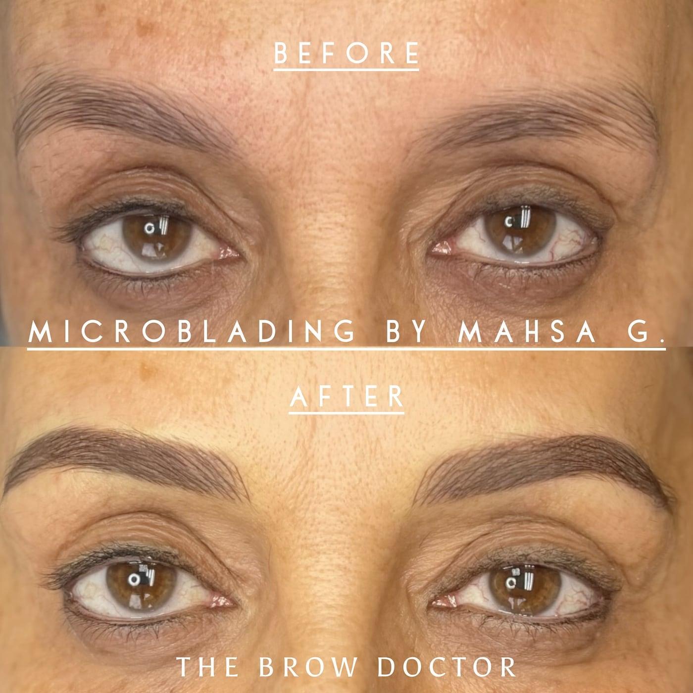 Before and after microblading on a mature client: sparse brows above and defined brows below