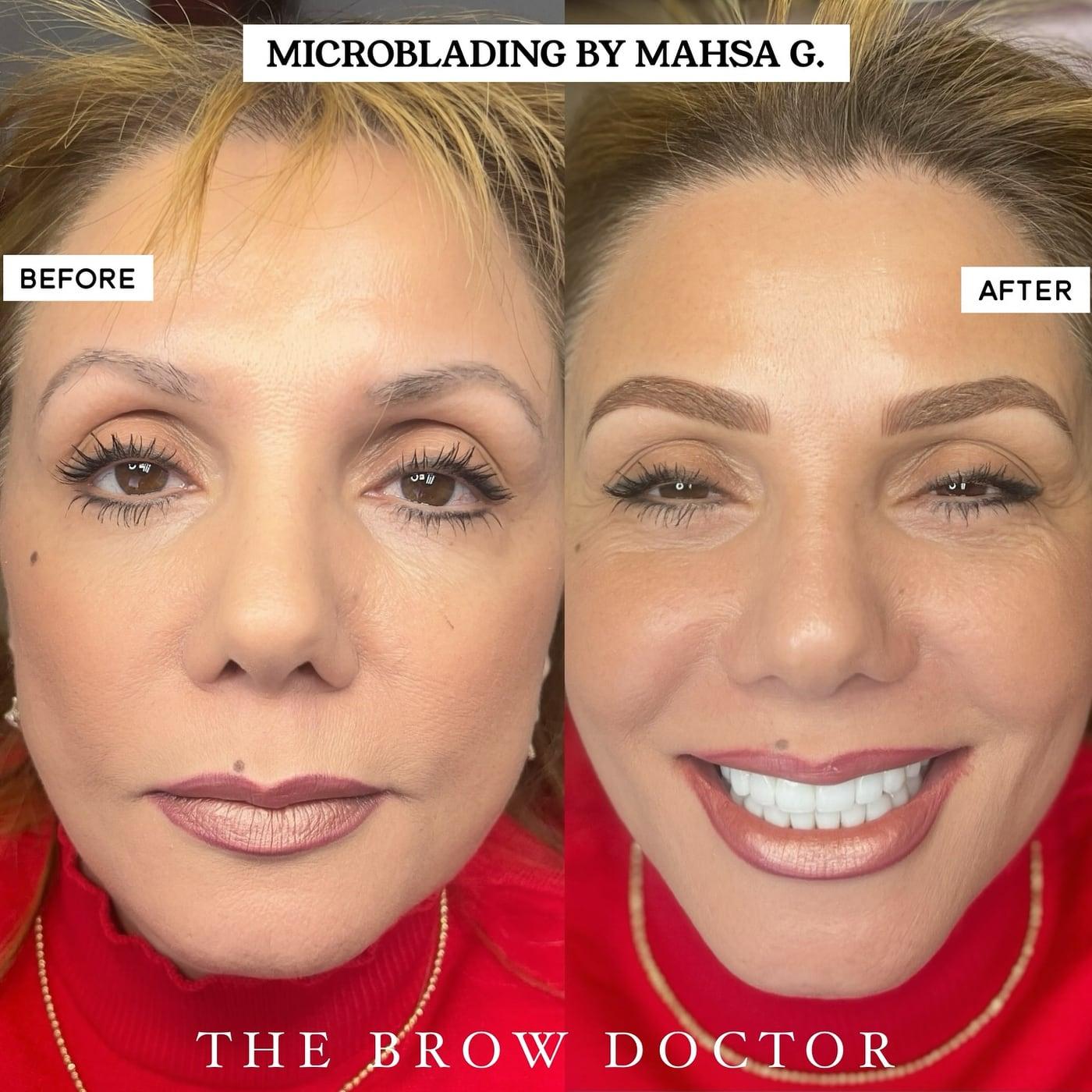 Before and after microblading on a mature client, shown as full-face photos