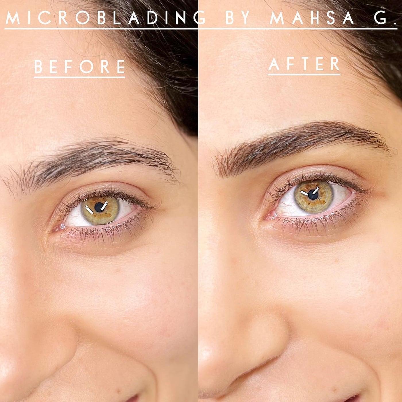 Side-by-side close-up of one brow before and after microblading
