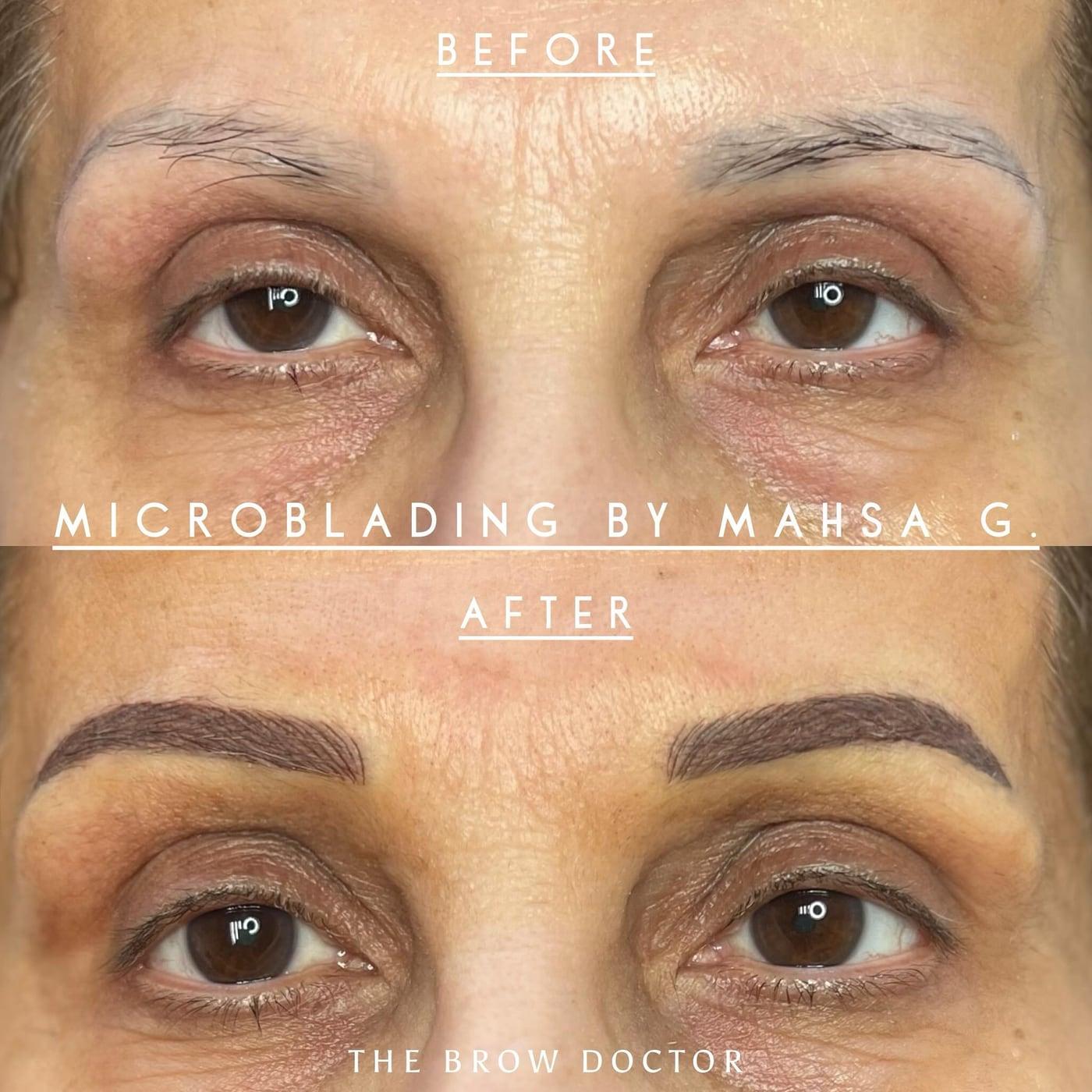 Before and after microblading: very sparse brows above and filled, shaped brows below